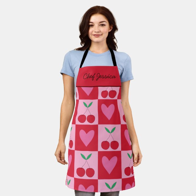Chequered Cherries with Pink Hearts Custom Name  Apron (Worn)