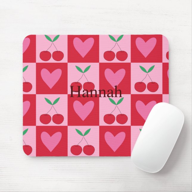 Chequered Cherries with Pink Hearts Custom Name  Mouse Pad (With Mouse)
