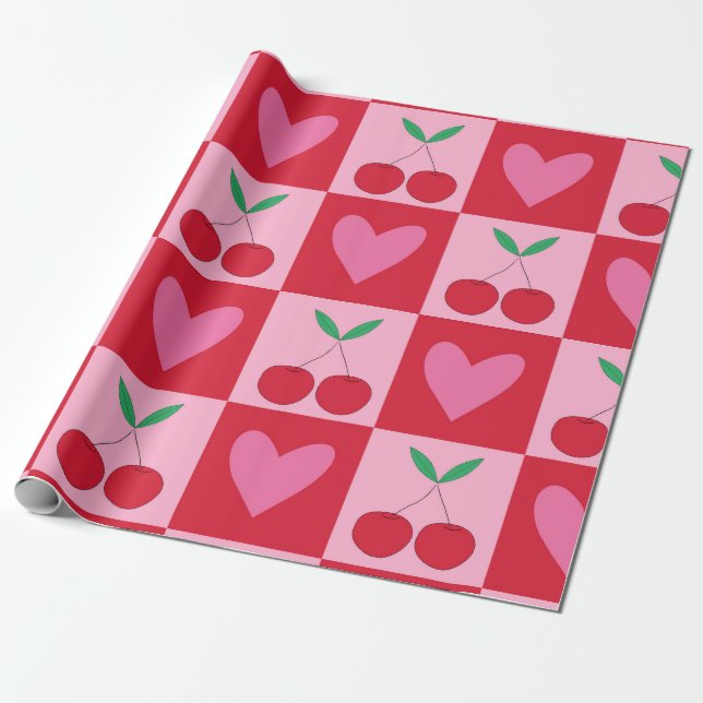 Chequered Cherries with Pink Hearts Pattern Wrapping Paper (Unrolled)