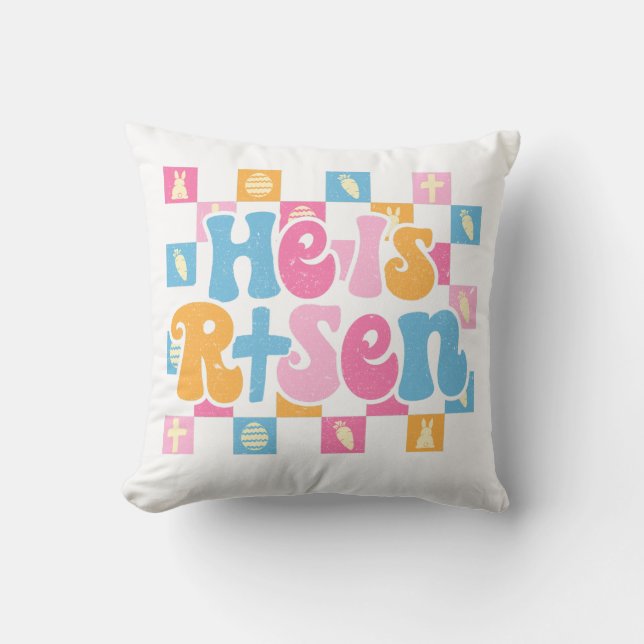Chequered Christian Easter He is Risen Cushion (Front)