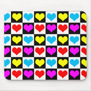 Chequered Colourful Hearts Pattern Mouse Pad