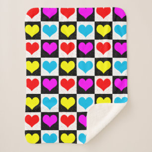 Chequered Colourful Hearts Pattern Sherpa Blanket