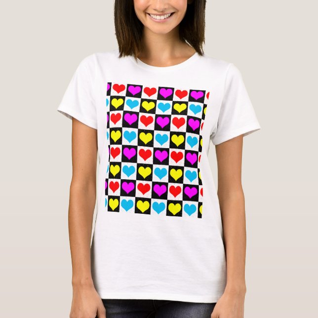 Chequered Colourful Hearts Pattern  T-Shirt (Front)