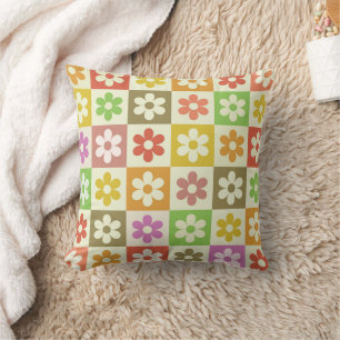 Chequered Colourful Retro Flowers Pattern  Cushion