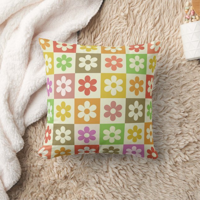 Chequered Colourful Retro Flowers Pattern  Cushion (Blanket)