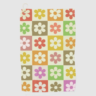 Chequered Colourful Retro Flowers Pattern Golf Towel