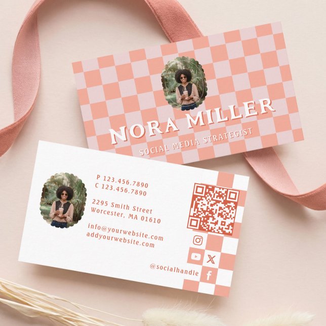  Chequered Content Creator Blogger Photo QR Code Business Card (Checkered Content Creator Blogger Photo QR Code Business Card)