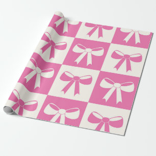 Chequered Coquette Girly Pink Bows Pattern Wrapping Paper