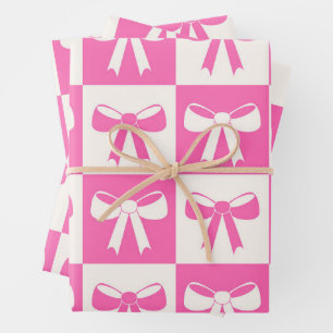 Chequered Coquette Girly Pink Bows Pattern  Wrapping Paper Sheet