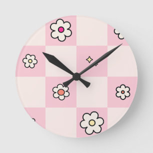 Chequered Daisies Pink Round Clock