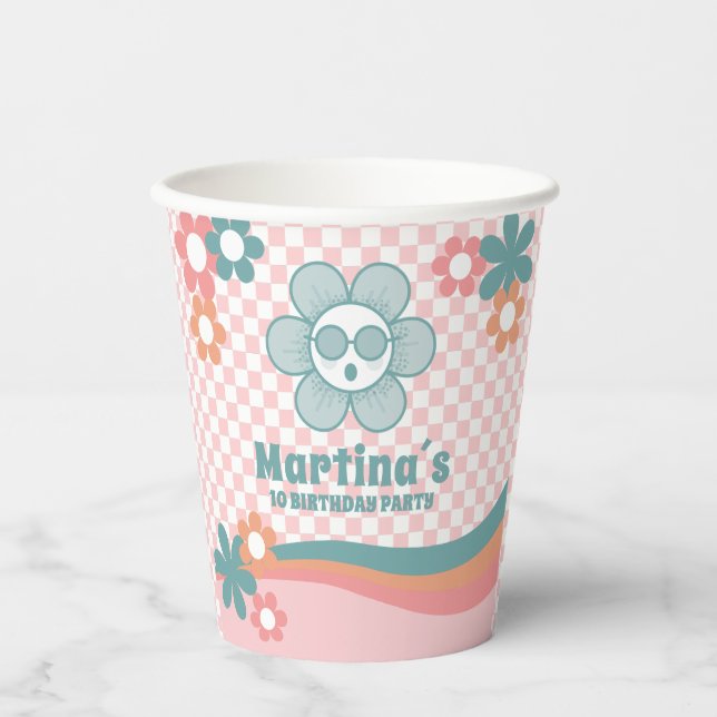 Chequered Daisy Birthday Party Paper Cups (Front)