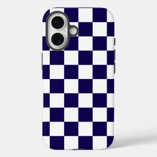 Chequered dark blue and white iPhone 16 case