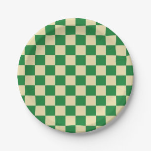 Chequered Dark Green and Beige Paper Plate