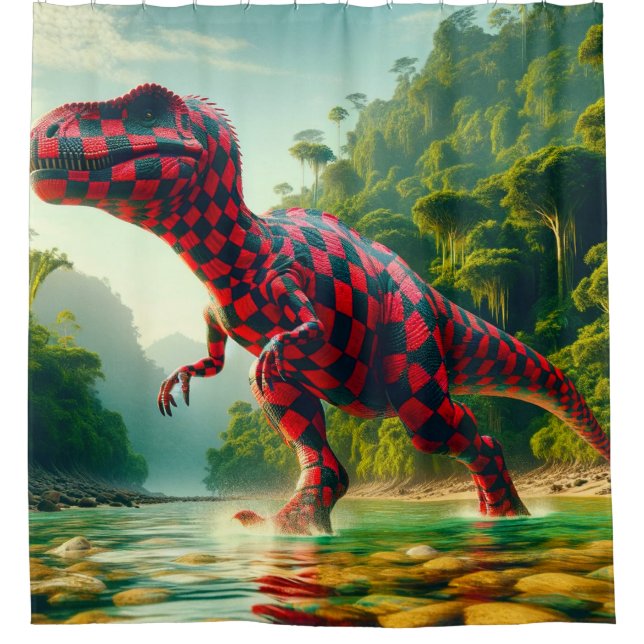 Chequered Dinosaur Shower Curtain (Front)