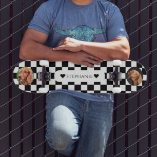 Chequered Dog Photo Template w/ Heart Name Skateboard