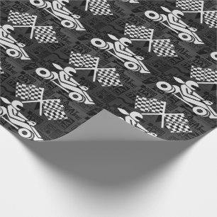 Chequered Flag and Racing Theme Black and White Wrapping Paper
