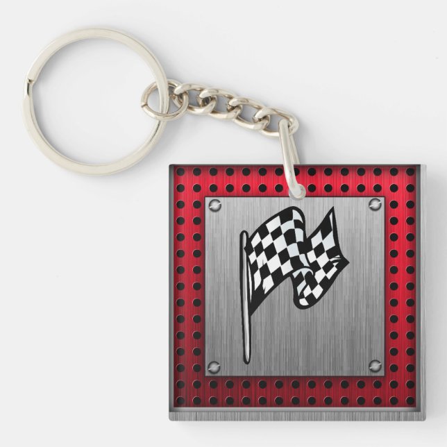 Chequered Flag; brushed aluminium look Key Ring (Front)