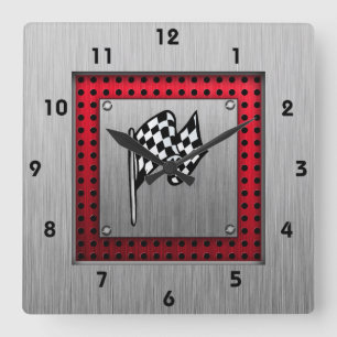 Chequered Flag; brushed aluminium look Square Wall Clock