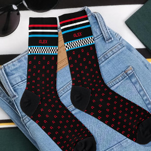 Chequered Flag Custom Monogram Name Blue Socks