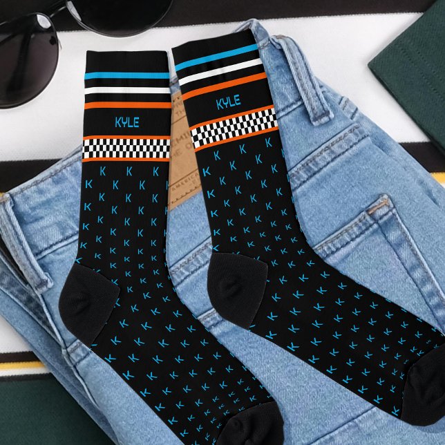Chequered Flag Custom Monogram Name Orange Socks (Creator Uploaded)