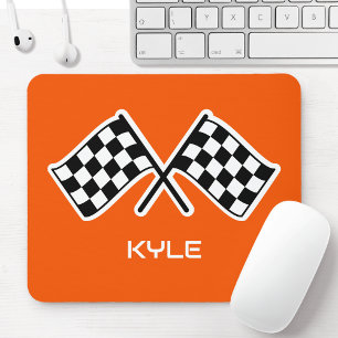 Chequered Flag Custom Name Racing Orange Mouse Pad