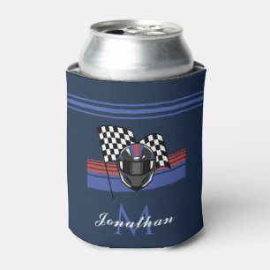 Chequered Flag & Helmet Motorbike Custom Name Cool Can Cooler