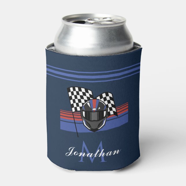 Chequered Flag & Helmet Motorbike Custom Name Cool Can Cooler (Can Front)