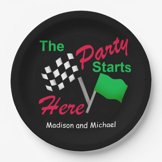 Chequered Flag Party Starts Here Celebration Paper Plate (Front)