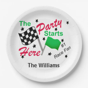 Chequered Flag Party Starts Here Name Personalised Paper Plate