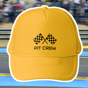 Chequered Flag Pit Crew Custom Text Yellow Black Trucker Hat