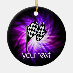 Chequered Flag; purple Ceramic Tree Decoration