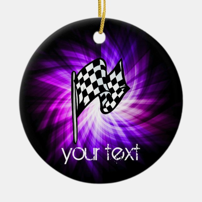 Chequered Flag; purple Ceramic Tree Decoration (Front)