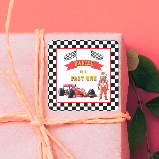 Chequered Flag Race Car Fast One Birthday  Square Sticker (Creator Uploaded)