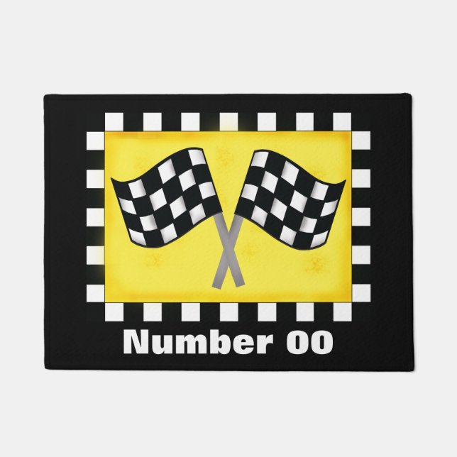 Chequered Flag Race Number Personalised Black Doormat (Front)