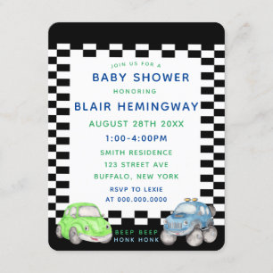 Chequered Flag Watercolor Cars Boy Baby Shower Invitation