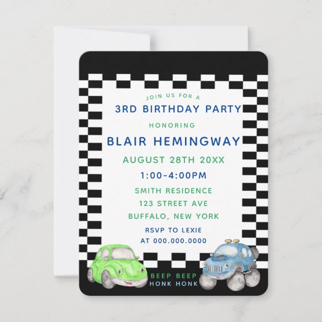 Chequered Flag Watercolor Cars Boy Birthday Party Invitation (Front)