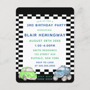 Chequered Flag Watercolor Cars Boy Birthday Party Invitation