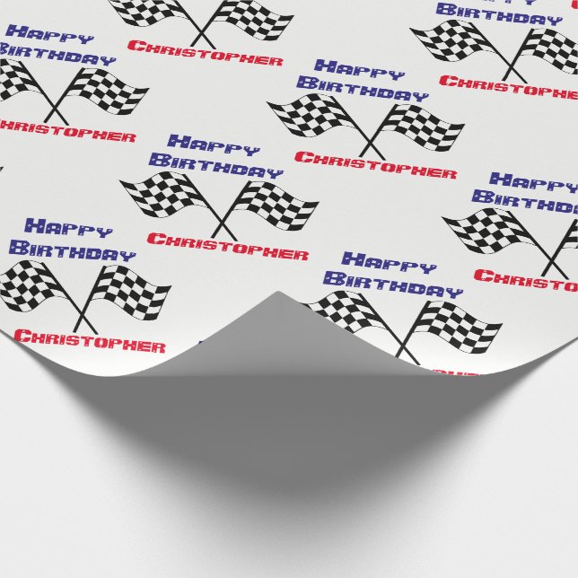 Chequered Flags Happy Birthday Personalised Gift Wrapping Paper (Corner)