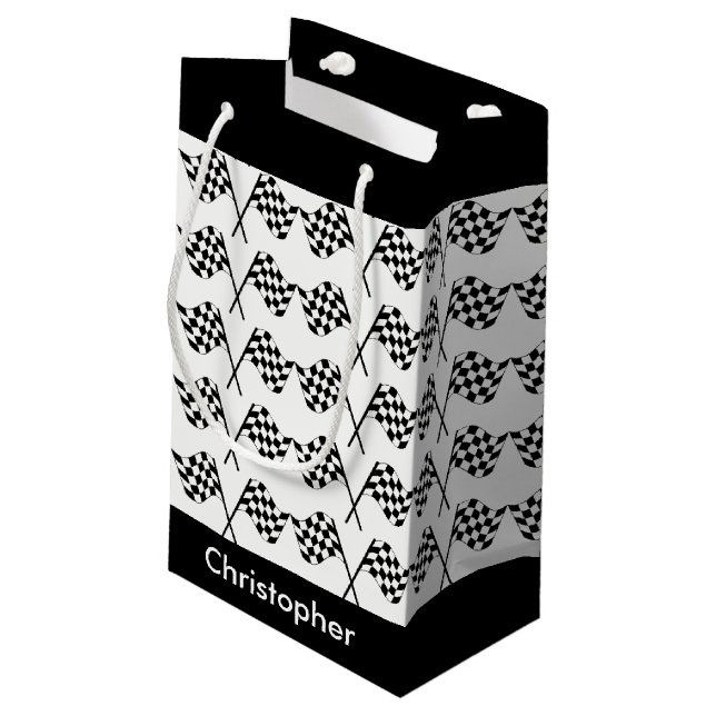 Chequered Flags Racing Personalised Small Gift Bag (Back Angled)
