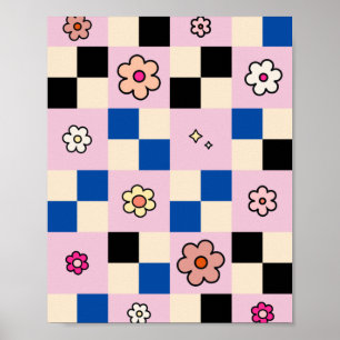 Chequered Flower Colourful Check Pattern Pink Blue Poster