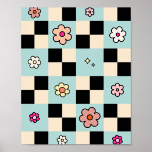 Chequered Flower Pattern Mint Retro Check Poster