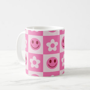 Chequered Flowers and Happy Faces Pink  Coffee Mug