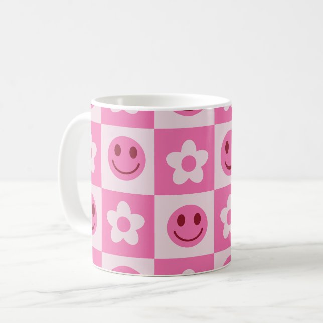 Chequered Flowers and Happy Faces Pink  Coffee Mug (Front Left)