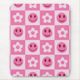 Chequered flowers and happy faces pink  mouse pad