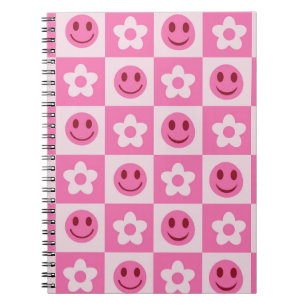 Chequered flowers and happy faces pink  notebook