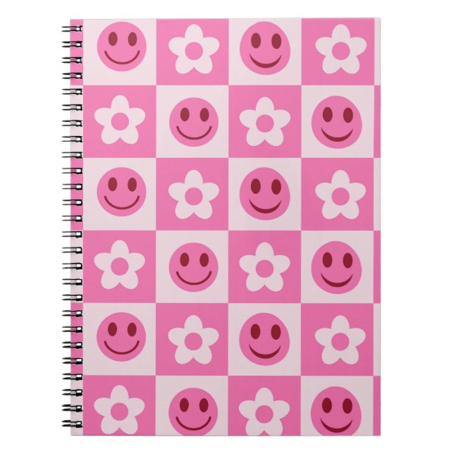 Chequered flowers and happy faces pink  notebook (Front)