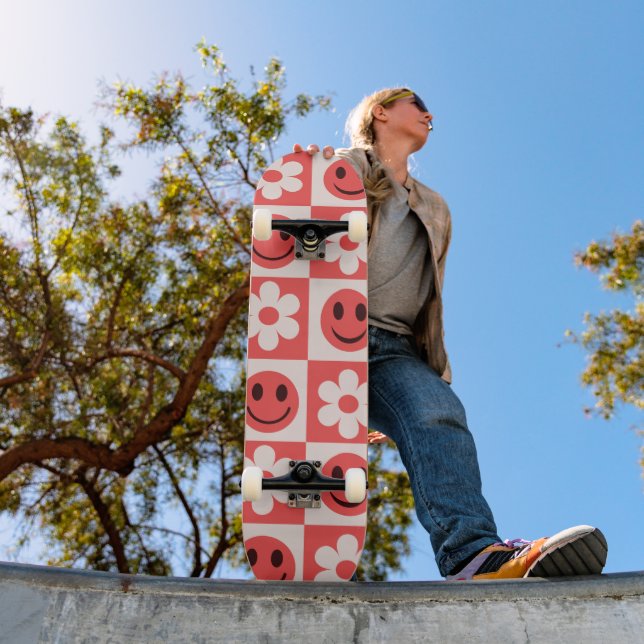 Chequered Flowers and Happy Faces Red  Skateboard (Outdoor 1)