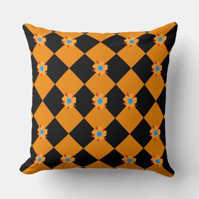 Chequered flowers orange and black cushion (Front)