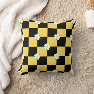 Chequered flowers yellow white and black cushion