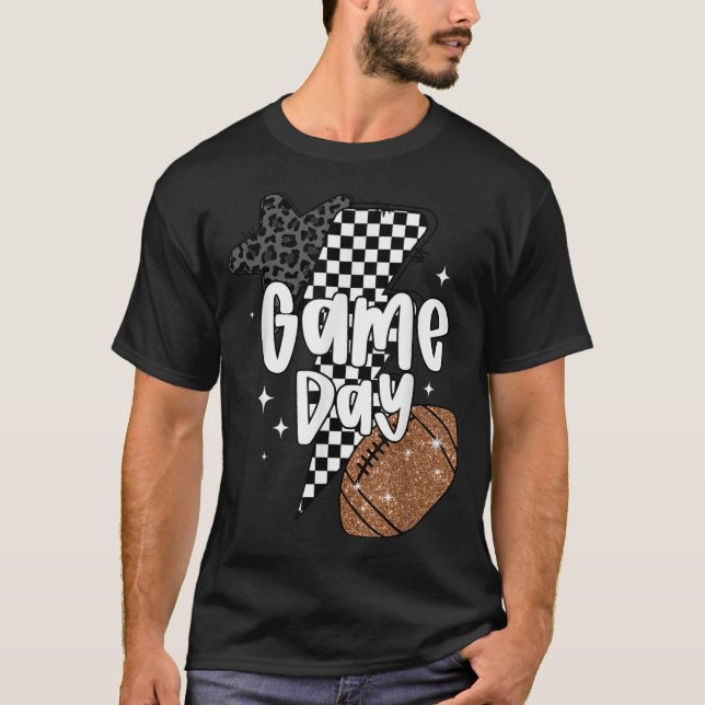 Chequered Game Day Football Black Touchdown Season T-Shirt (Front)
